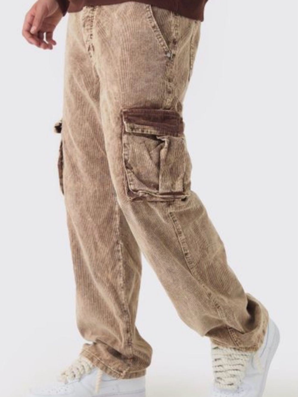 Boohoo Mens Washed Brown Corduroy Cargo Pants